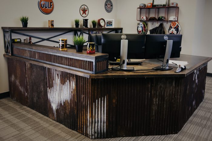 Customizable Gina Desk with corrugated aluminum and wood surface